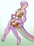 2024 5_toes anthro breasts calpurina_(sloum) countershade_torso countershading digital_media_(artwork) feet female fingers golden_clothing green_eyes hi_res mouth_closed navel pinup portrait pose purple_body reptile scalie simple_background sloum small_breasts snake snake_hood solo tail tan_body tan_countershading thick_thighs three-quarter_portrait toes