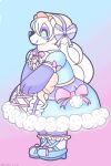 2:3 :3c anthro bear blue_clothing blue_footwear blue_shoes clothed clothing cotton detailed_clothing digital_media_(artwork) female footwear fur fur_markings giant_panda green_eyes hair hat headgear headwear hi_res lunarpanda8686 mammal markings mika_(lunarpanda8686) pigtails pink_ribbon purple_body purple_fur purple_ribbon ribbons shoes shows simple_background slightly_chubby smile solo star ursine white_body white_clothing white_fur white_hair yellow_clothing yellow_hat yellow_headwear yellow_ribbon