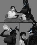 american_mythology anthro antlers ashcroft_"ash"_julian_clifford big_breasts bioluminescence black_body black_fur breasts cereal cereal_bowl cereal_box claws clothed clothing comic container cryptid digital_media_(artwork) drinking drinking_milk duo fangs feeding female female_anthro female_on_human food fur glowing glowing_eyes glowing_teeth grey_background hi_res horn human human_on_anthro humor indigenous_north_american_mythology interspecies larger_anthro larger_female male male/female male_on_anthro mammal milk milk_container milk_jug mythology north_american_mythology omnid pointy_ears sharp_teeth shirt simple_background size_difference smaller_human smaller_male smile snout sparkling_character spoon_in_mouth spoonfed starshade stupid_sexy_cryptids tablet_computer tail tank_top teeth topwear vitaly_s_alexius wendigo