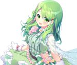  1girl :d bead_belt beads blush bodice bow cowboy_shot dress eyebrows_visible_through_hair flower frilled_dress frills gloves green_bow green_dress green_eyes green_hair green_neckwear hair_beads hair_flower hair_ornament komo_da morinaka_kazaki nijisanji open_mouth pink_ribbon ribbon side_bun smile stuffed_animal stuffed_toy teddy_bear virtual_youtuber 