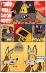 accessory anthro brown_body brown_fur canid canine canis clothing comic countershade_fur countershading coyote coyote_vs._acme dialogue duo english_text fur head_tuft hi_res human_to_anthro jacket kevin_avery logo looney_tunes male mammal mixelfangirl100 necktie sign species_transformation stubble suit teeth text toony topwear transformation tuft warner_brothers wile_e._coyote yellow_sclera
