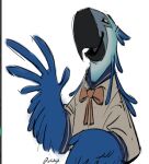 accessory alternate_species anthro avian beak bird black_beak black_line_art blue_body blue_feathers bow_tie clothing danganronpa danganronpa:_trigger_happy_havoc etchif eyelashes feathers female furrification gesture hair_accessory light_blue_feathers macaw neotropical_parrot parrot sailor_uniform sayaka_maizono school_uniform simple_background smile solo spike_chunsoft spix's_macaw true_parrot uniform waving white_background winged_arms wings