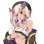  1girl black_headwear blonde_hair bottle bracelet breasts chain choker cleavage clothes_writing commentary_request hair_between_eyes hat highres horns indie_virtual_youtuber jewelry large_breasts mouth_hold multicolored_hair pink_choker pink_hair purple_horns red_eyes satou_daiji short_hair simple_background solo tsuzura_amo two-tone_hair underboob upper_body virtual_youtuber wet wet_clothes white_background 