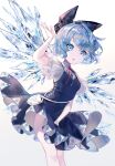  1girl blue_bow blue_dress blue_eyes blue_hair bow cirno collared_shirt dress fairy feet_out_of_frame gradient gradient_background hair_bow highres ice ice_wings parted_lips red_ribbon ribbon rooseputo_02 shirt short_hair short_sleeves solo touhou white_shirt wings 
