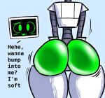 2026 :3 big_butt blush bottomwear butt butt_focus clothing digital_drawing_(artwork) digital_media_(artwork) english_text female female_humanoid glistening glistening_butt green_body green_eyes green_mouth grey_bottomwear grey_clothing hi_res humanoid machine monitor_head multicolored_body nameless_character not_furry rear_view robot robot_humanoid screen screen_face shake_lines small_waist solo ssenosyl talking_to_viewer teasing teasing_viewer text thick_thighs white_body wide_hips