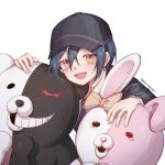  1boy :d artist_name bangs black_hair blush commentary_request danganronpa_(series) danganronpa_2:_goodbye_despair danganronpa_v3:_killing_harmony ear_bow ewa_(seraphhuiyu) hair_between_eyes highres jacket long_sleeves looking_at_viewer male_focus monomi_(danganronpa) open_mouth saihara_shuuichi short_hair simple_background smile tearing_up white_background younger 