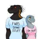 anthro black_body black_scales blue_(jurassic_world) clothing dinosaur dromaeosaurid duo english_text female grey_body grey_scales hi_res indoraptor jurassic_park jurassic_world kathiana_art male male/female meme prehistoric_species quills_(anatomy) red_eyes reptile ripper_(jurassic_world) saurischian scales scalie sharp_teeth ship shirt simple_background smile smirk teeth text theropod topwear universal_studios vehicle velociraptor watercraft yellow_eyes