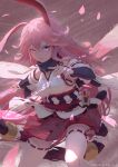  1girl absurdres animal_ears aton_(user_kufr5245) bangs fox_ears hair_between_eyes highres holding holding_sword holding_weapon honkai_(series) honkai_impact_3rd japanese_clothes long_hair looking_at_viewer miko open_mouth petals pink_eyes pink_hair pink_skirt purple_eyes sheath sheathed skirt solo sword teeth thighhighs v-shaped_eyebrows weapon white_legwear yae_sakura yae_sakura_(gyakushinn_miko) 