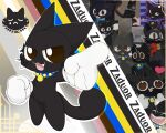 absurd_res anthro black_body black_fur blue_collar brown_eyes clothing collar digital_media_(artwork) domestic_cat felid feline felis fist full_body_view fur gesture gloves gold_accents gold_pendant hand_gesture handwear hi_res logo male mammal open_mouth pointing pointing_at_viewer sharp_teeth solo spiked_collar spikes standing teeth watermark white_clothing white_gloves white_handwear zaduor zaduor_kitten