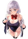  1girl bangs bare_shoulders black_swimsuit blue_eyes blush breasts cleavage collarbone covered_navel highleg highleg_swimsuit highres jacket kekemotsu large_breasts long_sleeves looking_at_viewer off_shoulder one-piece_swimsuit open_clothes open_jacket open_mouth original short_hair silver_hair solo swimsuit thighs 