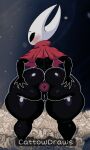 3:5 anthro anus arthropod big_butt black_body blush butt cattowdraws clothing female genitals hi_res hollow_knight_(franchise) hornet_(hollow_knight) insect shirt solo spread_butt spreading team_cherry thick_thighs topwear tunic vulva