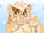 2025 4:3 black_eyebrows blonde_hair blue_eyes brown_markings cheek_tuft chest_tuft digital_drawing_(artwork) digital_media_(artwork) eyebrows facial_tuft fangs felid felixcartoons feral flat_colors fluffy fur hair hi_res jae_(felixcartoons) looking_at_viewer looking_away male mammal markings mouth_closed multicolored_body multicolored_fur pink_nose prehistoric_species raised_eyebrows saber-toothed_tiger sabertooth_(anatomy) short_hair smile solo tan_body tan_fur teeth tuft yellow_body yellow_fur