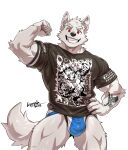 2026 absurd_res anthro arm_tattoo artist_name barazoku black_clothing black_shirt black_topwear blue_clothing blue_jockstrap blue_underwear bulge canid canine canis clothed clothing dated english_text finger_claw flexing flexing_bicep fur hand_on_hip hi_res jockstrap kumak71395 looking_at_viewer male mammal muscular muscular_anthro muscular_male muscular_thighs pantsless print_clothing print_shirt print_t-shirt print_topwear red_eyes shirt signature smile smiling_at_viewer solo t-shirt tail tattoo text topwear underwear white_body white_fur wolf zhang_(beastwolf_zhang)