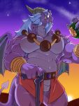 3:4 absurd_res activision anthro asher_(spyro) beads blue_body blue_eyes blue_fur bottomwear clothing dragon elderly eyewear facial_tuft food fruit fur glasses grey_hair hair hi_res horn loincloth male mammal mane melon musclegut muscular muscular_male mythological_creature mythological_scalie mythology plant prayer_beads purple_body rescued_dragons_(spyro) scalie slightly_chubby solo spyro_the_dragon tail tail_tuft tanpa_(artist) tuft wings