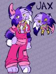 2026 32dflh 3:4 alternate_species ambiguous_anthro ambiguous_gender animate_inanimate anthro bodily_fluids bow_ribbon character_name clothed clothed_ambiguous clothed_anthro clothing domestic_cat fangs felid feline felis fully_clothed fully_clothed_ambiguous fully_clothed_anthro glitch_productions hand_on_hip hand_on_own_hip hi_res hybrid jax_(tadc) lagomorph leporid living_plushie mammal overalls plush_stuffing plushie rabbit saliva simple_background solo spiral spiral_eyes standing stitch_(sewing) sweat sweatdrop teeth text the_amazing_digital_circus tongue tongue_out
