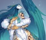 anthro avian beak big_breasts bird boa_(clothing) boa_only breasts feathers felid female fur galliform green_body green_feathers gryphon hi_res hybrid jaguar mammal markings multicolored_body mythological_avian mythological_creature mythology nude pantherine peafowl phasianid sharp_beak solo spots spotted_body spotted_fur toufucoo wide_hips