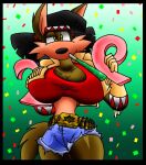 2008 accessory anthro belt big_breasts black_hair bottomwear breasts brown_body brown_fur bullet bullet_belt canid canine canis clothing confetti coyote crop_top digital_media_(artwork) female fur gloves hair handwear headband holidays huge_breasts jacket june_coyote mammal new_year new_year_2009 party_horn shirt shorts small_waist solo topwear virus-20 wide_hips yellow_eyes