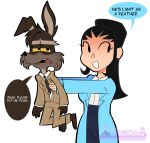 accessory after_transformation alternate_species annoyed anthro artist_logo artist_name barefoot black_body black_fur blue_clothing blue_coat blue_topwear bottomwear brown_body brown_fur canid canine canis clothing coat coyote coyote_vs._acme dialogue duo english_text feet female fur head_tuft hi_res holding_another human implied_transformation kevin_avery lifting_another logo looney_tunes male mammal mixelfangirl100 narrowed_eyes necktie niece_(lore) open_mouth paige_avery pants shirt short simple_background smile speech_bubble suit tan_clothing tan_suit teeth teeth_showing text toony topwear tuft uncle_(lore) uncle_and_niece_(lore) warner_brothers white_clothing white_shirt white_topwear