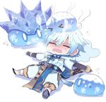  1boy absurdres bangs black_bodysuit blush bodysuit chibi chinese_clothes chongyun_(genshin_impact) flying_sweatdrops genshin_impact hair_between_eyes highres hood hood_down ice icicle light_blue_hair lying male_focus melting on_back open_mouth puddle ryu_genshin77 simple_background slime_(genshin_impact) snowflakes sweat tassel vision_(genshin_impact) white_background 