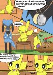 2026 5_panel_comic ambiguous_gender anthro biped black_eyes black_text blue_body bodily_fluids chair cheek_spots comic dialogue duo ellipsis english_text exclamation_point eyes_closed furniture generation_1_pokemon generation_4_pokemon hi_res jewelry male_(lore) necklace nintendo on_chair open_mouth open_smile orange_eyes pikachu pokemon pokemon_(species) pokemon_mystery_dungeon pupils question_mark red_cheeks red_text riolu sawlamander sitting sitting_on_chair smile sound_effects speech_bubble spike_chunsoft standing sweat sweatdrop table talking_to_another text tongue white_pupils white_sclera yellow_body