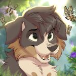 1:1 2026 ambiguous_gender arthropod butterfly canid canine canis cheek_tuft colored day detailed detailed_background digital_drawing_(artwork) digital_media_(artwork) domestic_dog eyebrows facial_tuft fangs felixcartoons feral floppy_ears flower fur grass green_eyes group hair hi_res insect lepidopteran light looking_at_another male mammal markings open_mouth open_smile outside pink_tongue plant portrait shaded short_hair size_difference sky smile snout tan_body tan_fur teeth tongue tree tuft