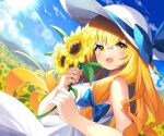  1girl :d absurdres alternate_costume bangs bare_shoulders blonde_hair blue_bow blurry blurry_background blush bow breasts cloud commentary_request crossed_bangs depth_of_field dress dutch_angle field flower flower_field hair_between_eyes hair_ribbon hat hat_bow highres holding holding_flower kirisame_marisa lens_flare long_hair looking_at_viewer medium_breasts mountain open_mouth outdoors ribbon sidelocks sky smile solo sun_hat sunflower touhou tress_ribbon very_long_hair white_dress white_headwear yellow_eyes yellow_flower yuujin_(yuzinn333) 