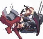  1girl absurdres anchor black_gloves boots braid chou-10cm-hou-chan gloves grey_eyes hair_ornament highres kantai_collection karasuma_kuraha kneehighs light_brown_hair looking_at_viewer miniskirt neckerchief panties pantyshot pleated_skirt propeller_hair_ornament red_footwear red_panties rigging rudder_footwear school_uniform serafuku simple_background skirt teruzuki_(kancolle) thigh_boots thigh_strap thighhighs turret twin_braids underwear white_background white_gloves white_legwear yellow_neckwear 