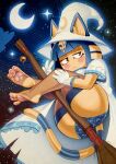 2026 animal_crossing ankha_(animal_crossing) anthro bell blue_hair blush bob_cut bottomwear broom broom_riding butt claws cleaning_tool clothing cloud crescent_moon domestic_cat dress felid feline felis female gesture hair half-closed_eyes hand_gesture hat headgear headwear legwear looking_aside magic_user mammal markings moon moon_print narrowed_eyes night nintendo panties pattern_bottomwear pattern_clothing pattern_panties pattern_underwear pawpads solo star stirrup_legwear striped_markings striped_tail stripes tail tail_markings thick_thighs thigh_highs underwear uraeus v_sign witch witch_costume witch_hat xu53r