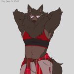 1:1 2023 anthro athletic atmac bodily_fluids body_hair bottomwear brown_body brown_eyebrows brown_eyes brown_fur brown_nose canid canine canis clothing digital_drawing_(artwork) digital_media_(artwork) eye_scar eyebrows facial_scar flat_colors front_view fur grey_background hands_behind_back happy_trail hi_res looking_down lyall_(lyre) lyre_(visual_novel) male mammal mane navel nervous pants pockets portrait raised_arms scar simple_background solo standing sweat three-quarter_portrait whisker_spots white_sclera wolf