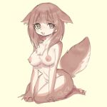 1:1 2024 4_fingers anthro blush blush_lines breasts brown_eyes brown_hair brown_nipples cheek_tuft chest_tuft eyelashes facial_tuft female fingers fluffy fluffy_tail fur hair heart_pattern looking_at_viewer mammal nipples nude open_mouth open_smile pawpads seuppi simple_background smile solo tail tan_body tan_fur tuft white_body white_fur