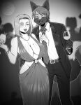 accessory age_difference anthro big_breasts breasts cleavage clothed clothing clothing_pull container cup dalipuff digital_media_(artwork) drinking_glass duo eye_scar facial_scar female female_human glass glass_container glass_cup greyscale hi_res human jewelry low_cut_dress male male_anthro mammal markings matt_(silverfox442) mole_(marking) mole_on_breast monochrome necklace necktie necktie_pull older_female older_female_younger_male party scar suit wine_glass younger_male