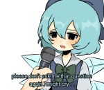  04119_snail 1girl :3 blue_bow blue_eyes blue_hair blue_vest blush bow bowtie cirno dot_nose green_neckwear hair_bow highres holding holding_microphone ice ice_wings interview microphone open_mouth simple_background solo_focus subtitled sweatdrop touhou vest white_background wings 