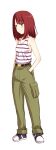  1girl belt cargo_pants full_body hand_in_pocket high-waist_pants medium_hair pants red_hair sakaki_imasato solo standing striped_tank_top tank_top toki_ayano white_background yellow_eyes yurucamp 