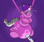 absurd_res anthro bdsm bondage bondage_gear bound cross-eyed diaper digital_media_(artwork) elliekitty felid fur gag grey_body grey_fur hair happanda hi_res hypnosis hypnotic_visor inflatable_collar latex lock_symbol locked_diaper male mammal mind_control mute_symbol muzzle_(object) muzzled pacifier pacifier_gag pantherine purple_hair restraints sex_toy simple_background snow_leopard solo straitjacket suspension suspension_bondage vibrator wand_vibrator