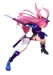  1girl absurdres animal_ears bangs blue_footwear fox_ears full_body hair_between_eyes hair_ornament headphones headphones_around_neck highres holding holding_sword holding_weapon honkai_(series) honkai_impact_3rd katana leaning_forward long_hair looking_at_viewer pink_hair purple_eyes sheath sheathed short_sleeves simple_background single_thighhigh standing sword thighhighs weapon white_background white_legwear xie_wang yae_sakura yae_sakura_(goushinnso_memento) 