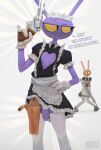 4_fingers absurd_res anthro clothed clothing crossdressing dialogue duo evil_jax_(tadc) eyebrows eyelashes femboy fingers flaccid genitals glitch_productions gun hand_on_hip handgun heart_symbol hi_res holster jax_(tadc) knock-kneed lagomorph legwear leporid long_eyelashes maid_headdress maid_uniform male mammal mouthless nervous no_underwear penis rabbit raised_eyebrow ranged_weapon revolver rifle smile solomonbnuy stockings text the_amazing_digital_circus uniform weapon