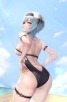  1girl absurdres adjusting_clothes adjusting_swimsuit alternate_costume ass bangs bare_back beach blue_hair blue_sky blurry bow bracelet breasts brown_eyes cloud cloudy_sky commentary depth_of_field dimples_of_venus english_commentary eula_(genshin_impact) eyebrows_visible_through_hair from_behind genshin_impact hair_between_eyes hair_bow hair_ribbon hairband highres horizon jewelry kie_(wylee2212) leaning_forward long_hair looking_at_viewer looking_back md5_mismatch ocean one-piece_swimsuit ribbon sideboob sidelocks sky solo swimsuit tattoo thighs 