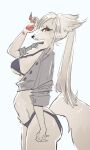 2024 anthro bikini canid canine clothed clothing collared_shirt dress_shirt female fluffy fluffy_tail fur grey_clothing grey_shirt grey_topwear hair mammal navel open_clothing open_shirt open_topwear pawpads red_eyes red_pawpads seuppi shirt simple_background solo swimwear tail topwear two-piece_swimsuit white_background white_body white_fur white_hair