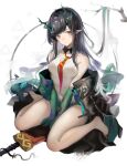  1girl arknights bare_shoulders black_hair branch breasts cleavage_cutout closed_mouth clothing_cutout colored_skin dragon_horns dragon_tail dress dusk_(arknights) ear_piercing feet green_skin highres horns jacket multicolored_hair necktie off_shoulder piercing pointy_ears sakrad solo sword sword_hilt tail thighs weapon white_background white_dress yellow_eyes 