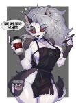 2026 absurd_res anthro apron apron_only beverage canid canid_demon canine clothed clothing coffee collar damnpai demon digital_media_(artwork) ear_piercing english_text female front_view fur grey_body grey_fur grey_hair hair hellaverse hellhound helluva_boss hi_res looking_at_viewer loona_(helluva_boss) mammal multicolored_body multicolored_fur mythological_canine mythological_creature mythology partially_clothed pen piercing red_eyes simple_background spiked_collar spikes text thick_thighs white_body white_fur