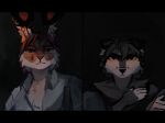 :< adrianne_(leskweg) anthro big_ears black_nose blue_eyes brown_body brown_fur canid canine canis clothed clothing colored dark digital_media_(artwork) duo ear_piercing female fur grey_body grey_fur hare hi_res lagomorph laurie_(leskweg) leporid leskweg mammal open_clothing open_shirt open_topwear piercing rabbit shirt simple_background smile topwear whiskers wolf