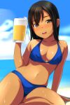  1girl :d absurdres alcohol bangs bare_arms bare_shoulders beer beer_mug bikini black_hair blue_bikini blue_sky blush breasts brown_eyes cleavage cloud cloudy_sky cup day eyebrows_visible_through_hair feet_out_of_frame foam highres holding holding_cup horizon long_hair looking_at_viewer matsunaga_kouyou medium_breasts mug navel nose_blush ocean open_mouth original outdoors sky smile solo swimsuit tan upper_teeth water 