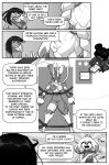2026 4_eyes absurd_res ambiguous_gender ambiguous_humanoid andre_(cuchuflin) anthro bandage biped black_sclera bound breasts clapping clipboard clothed clothing comic cuchuflin denisse_(cuchuflin) dialogue digital_drawing_(artwork) digital_media_(artwork) duo english_text featureless_breasts featureless_crotch female female_anthro female_human generation_4_pokemon greyscale hi_res human humanoid lopunny male male_humanoid mammal monochrome multi_eye nintendo pokemon pokemon_(species) speech_bubble talking_to_another tamara_kazamoto text unconscious vein wounded writing_text