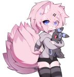 2022 anthro blue_eyes blush canid canine clothed clothing colored digital_drawing_(artwork) digital_media_(artwork) dipstick_tail eeveelution female fingers fox fur generation_2_pokemon hair hi_res hoodie hug hugging_object hugging_plushie kemono legwear looking_at_viewer mammal markings multi_tail nintendo open_mouth pantsless pattern_clothing pattern_legwear pattern_stockings pink_body pink_fur pink_hair plushie pokemon pokemon_(species) shaded shiny_pokemon simple_background solo stockings striped_clothing striped_legwear striped_stockings stripes tail tail_markings topwear umbreon underwear white_background wypher
