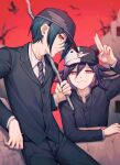  2boys arm_up bangs baseball_cap bat black_hair black_headwear black_jacket black_pants collared_shirt commentary_request cowboy_shot danganronpa_(series) danganronpa_v3:_killing_harmony ewa_(seraphhuiyu) eyelashes flipped_hair from_side hair_between_eyes hand_up hat highres holding jacket long_sleeves looking_at_viewer male_focus monokuma multicolored multicolored_clothes multicolored_hair multicolored_headwear multiple_boys necktie official_alternate_costume ouma_kokichi pants pink_eyes pink_hair red_background red_eyes ruins saihara_shuuichi shirt short_hair smile striped striped_neckwear two-tone_hair upper_body weapon white_headwear white_shirt 