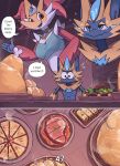 2026 agious anthro beef blush bodily_fluids bread breasts canid canine clothed clothing comic delphox dialogue digital_drawing_(artwork) digital_media_(artwork) duo english_text fangs feast felid feline female female_anthro food fungus furniture generation_6_pokemon generation_7_pokemon headgear hi_res legendary_pokemon mammal meat melee_weapon mushroom nintendo nipple_outline nipples pastry pie plant pokemon pokemon_(species) polearm shaded shaded_background steak table teeth text vegetable veyneria_(agious) wall_(structure) weapon zeraora