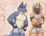 2026 5_fingers abs anthro artist_name bathroom biceps biped black_body black_fur blue_body blue_fur chest_spike closed_smile clothed clothed_anthro clothed_male clothing countershade_neck countershade_torso countershading dated deltoids detailed_background digital_drawing_(artwork) digital_media_(artwork) duo eye_contact fingers flesh_fang front_view fur furrowed_eyebrows generation_4_pokemon generation_7_pokemon grey_clothing grey_shirt grey_tank_top grey_topwear grey_underwear hand_spike hi_res holding_clothing holding_object holding_shirt holding_tank_top holding_topwear holding_underwear inside kuromonsart lamp latissimus_dorsi legendary_pokemon looking_at_another lucario male mouth_closed muscular muscular_anthro muscular_male navel nintendo offscreen_character orange_body orange_fur pecs pointy_ears pokemon pokemon_(species) portrait pose pupils question_mark shelf shirt slit_pupils smile smiling_at_another snout spikes spikes_(anatomy) tail tan_body tan_countershading tank_top teal_body teal_eyes text three-quarter_portrait topless topless_anthro topless_male topwear towel underwear underwear_only white_sclera yellow_sclera zeraora