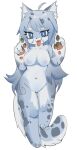 2024 3_toes 4_fingers ahoge anthro blue_eyes breasts claws featureless_breasts featureless_crotch feet felid female finger_claws fingers fur grey_body grey_fur grey_hair hair inner_ear_fluff long_hair looking_at_viewer mammal navel nude open_mouth pantherine pawpads seuppi simple_background snow_leopard solo toe_claws toes tongue tongue_out tuft white_background white_body white_fur