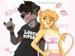 2025 4:3 5_fingers anthro black_clothing black_eyebrows black_hair black_nose black_pawpads black_shirt black_topwear blonde_hair blue_eyes bracelet brown_eyes canid canine canis cheek_tuft claws clothed clothed_female clothing colored diary_of_a_wimpy_kid digital_drawing_(artwork) digital_media_(artwork) domestic_dog duo english_text eyebrows eyelashes facial_tuft fangs felid felixcartoons female female_anthro fingers floppy_ears fur gesture grey_body grey_fur hair hair_size_difference hand_gesture hand_on_hip heart_symbol hi_res jewelry licking licking_lips lion long_hair looking_at_another male male_anthro mammal mean_girls mouth_closed pantherine pawpads pink_nose pink_tongue regina_george rodrick_heffley shaded shirt short_hair size_difference smile smiling_at_another smiling_at_each_other snout spiked_bracelet spikes tail tail_tuft teeth text tongue tongue_out topwear tuft v_sign whiskers white_claws white_clothing white_shirt white_topwear yellow_body yellow_fur