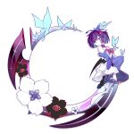  1girl antenna_hair bangs bare_shoulders black_flower black_footwear blue_butterfly blue_eyes blue_hair bug butterfly closed_mouth flower full_body hair_between_eyes hair_ornament highres honkai_(series) honkai_impact_3rd insect linxi looking_at_viewer purple_legwear purple_sleeves seele_vollerei seele_vollerei_(swallowtail_phantasm) shoes short_hair simple_background solo tattoo thighhighs white_background white_flower 